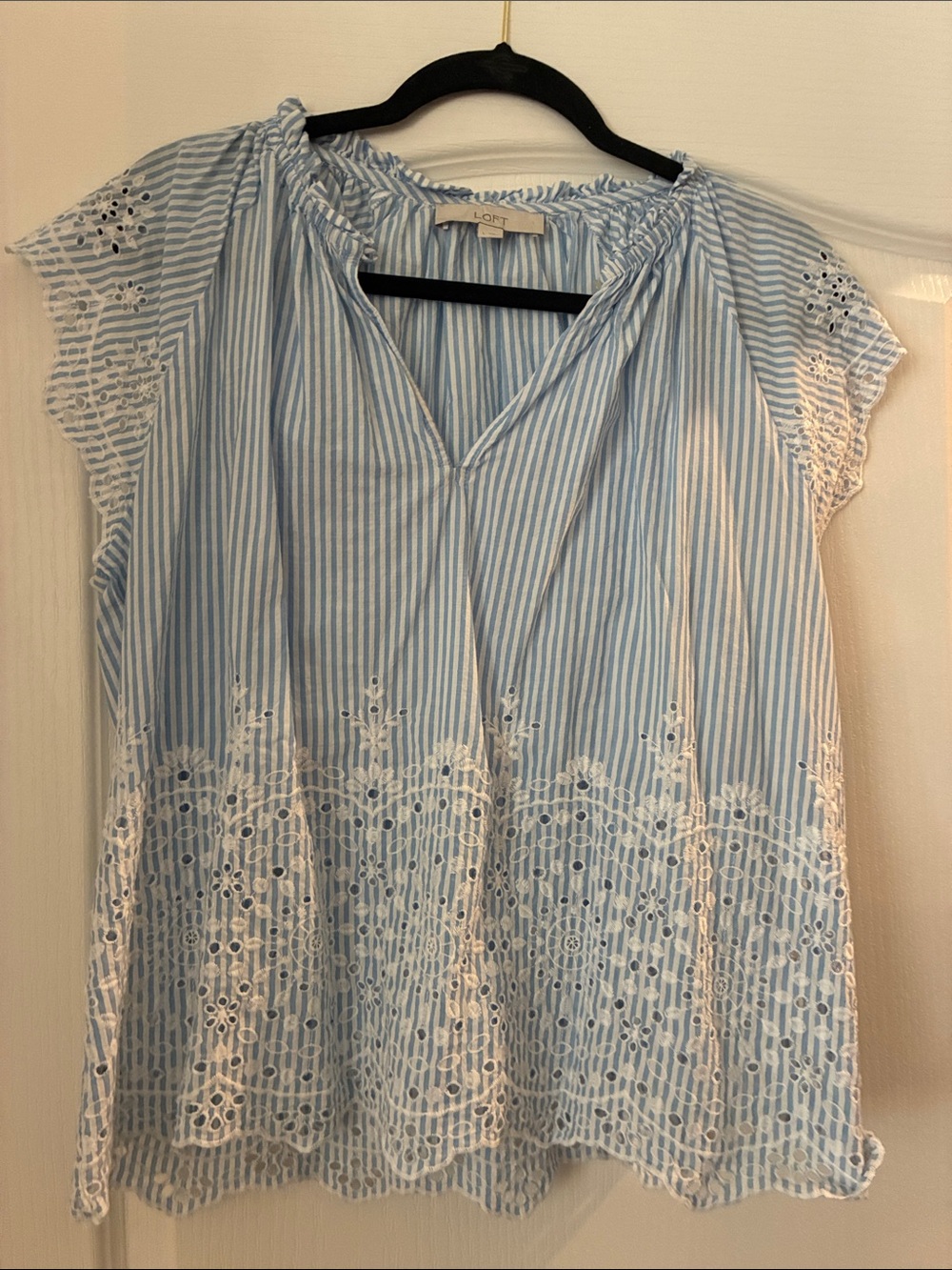 LOFT Light Blue & White Striped Eyelet Peasant Blouse